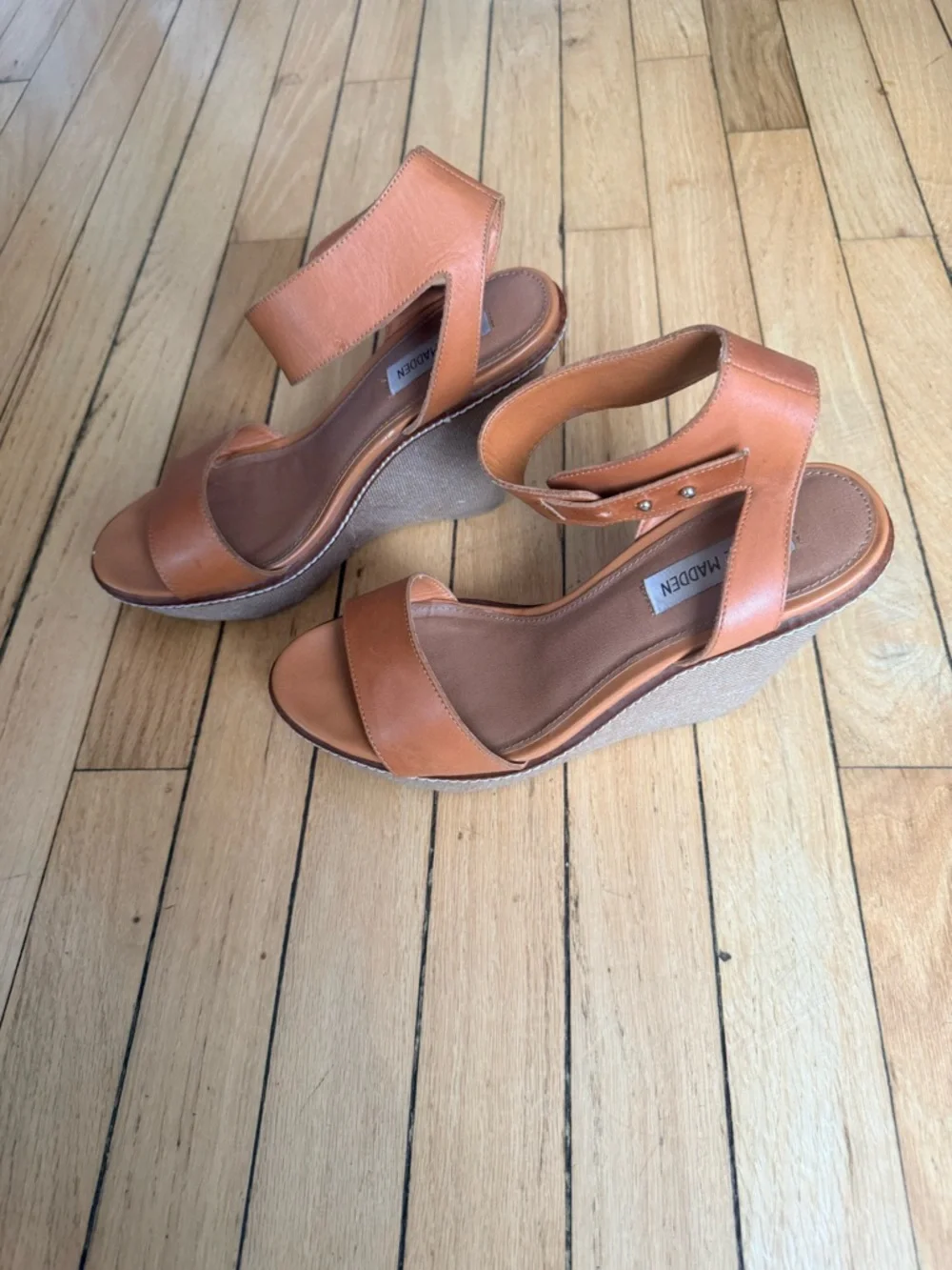 Steve Madden Cognac Tan Ankle-Strap Wedge Sandals